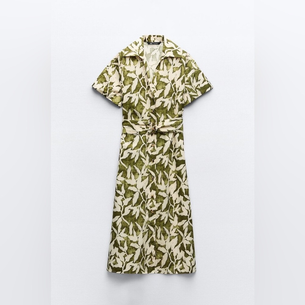 ZARA Midi Shirt Dress Floral Print Poplin With Gold Buttons and Belt